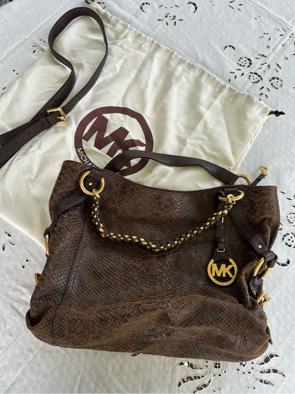 Michael Kors Tristan Large Dark Brown Python-Embossed Leather Bag